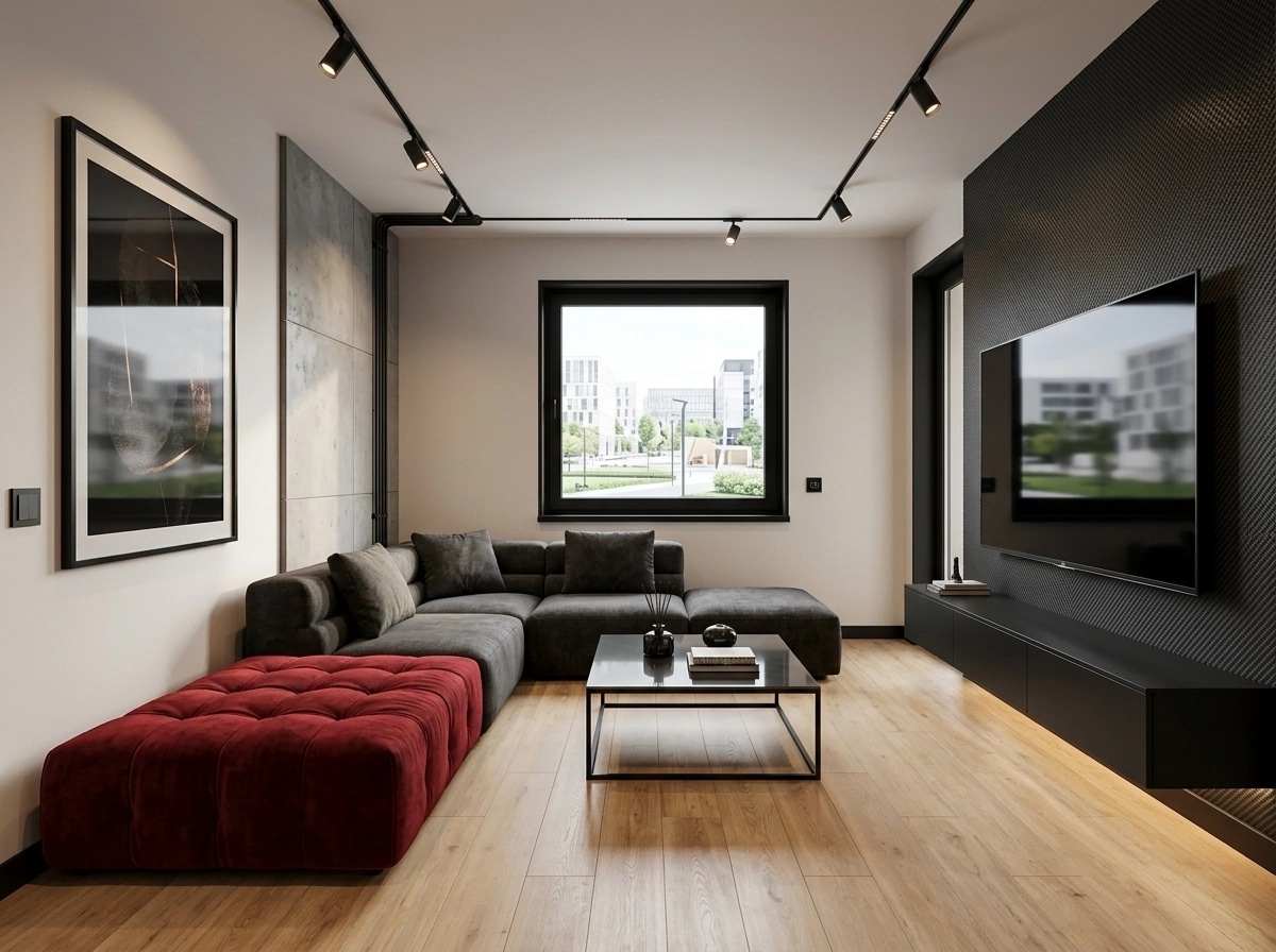 Design d'interni in stile Blacktec — Soggiorno di GenRoom AI