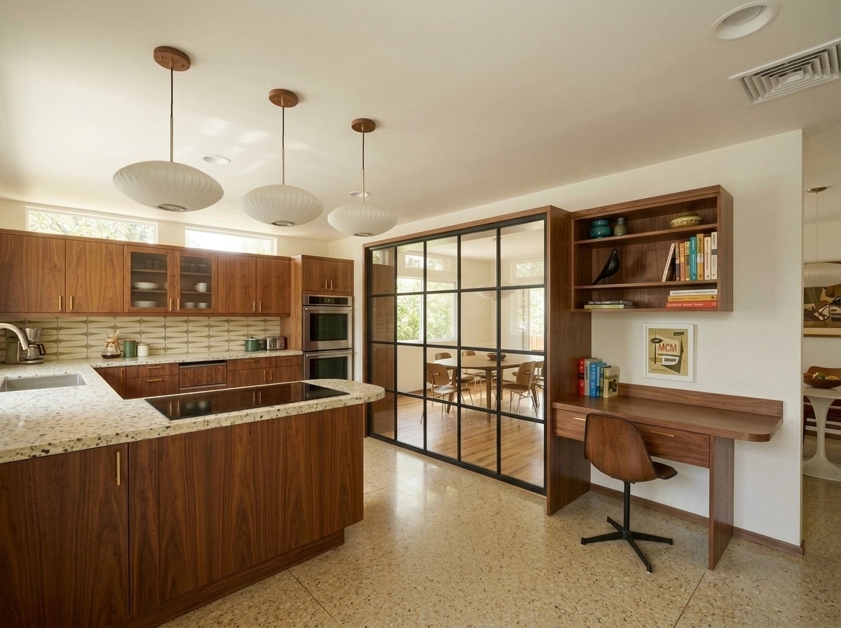 Kitchen interior in Mid-Century Modern style — photo by GenRoom AI