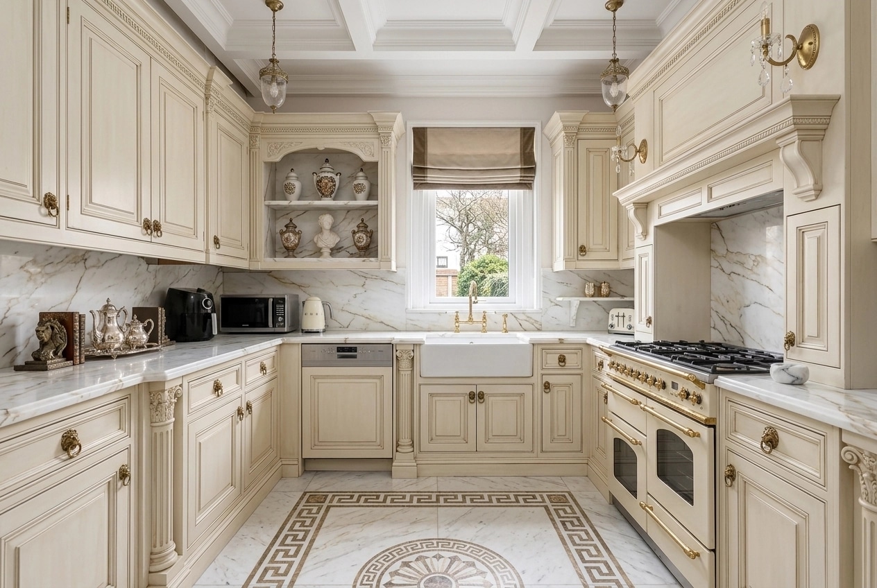 Kitchen interior in Neoclassic style — photo by GenRoom AI