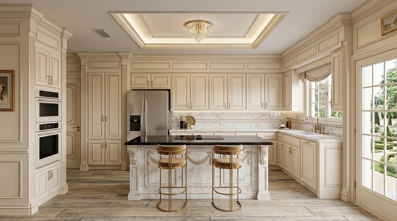 Kitchen interior in Neoclassic style — photo by GenRoom AI