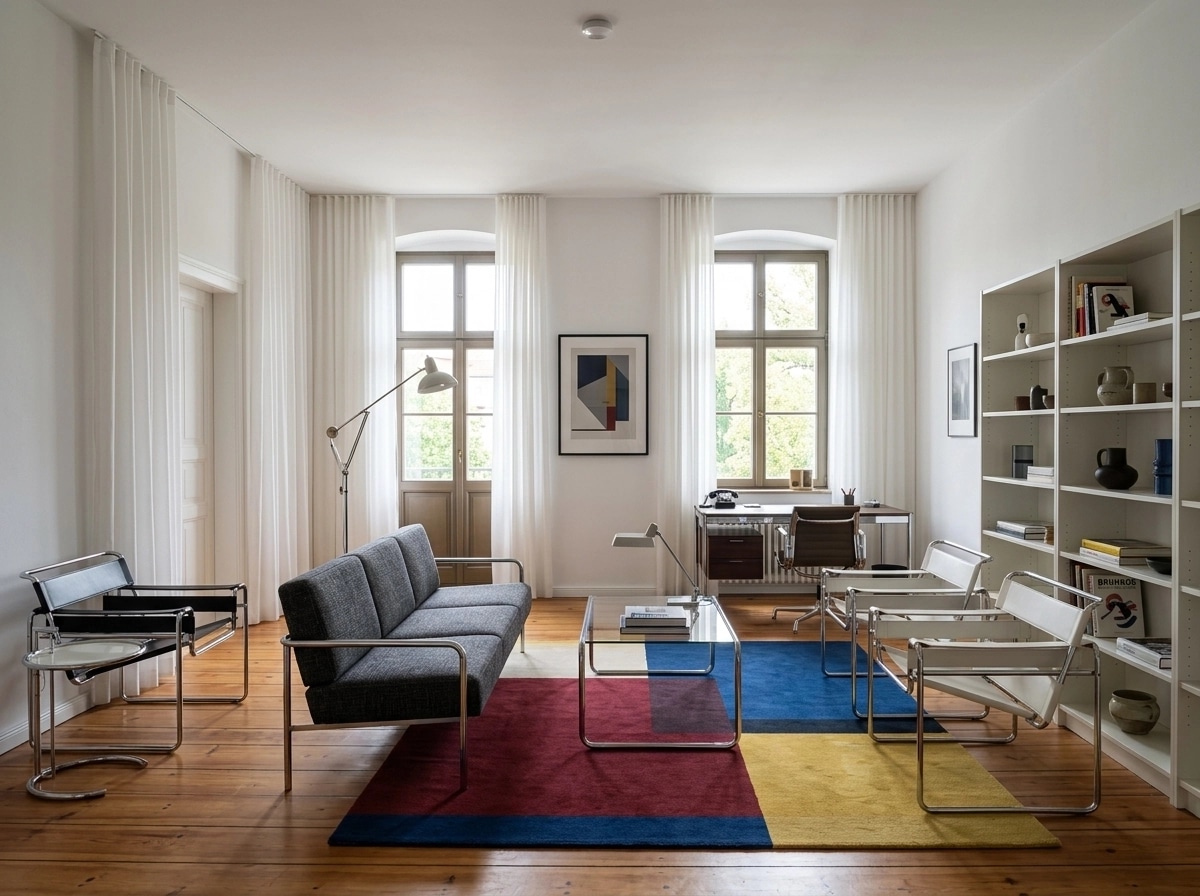 التصميم الداخلي بنمط Bauhaus — غرفة المعيشة من GenRoom AI