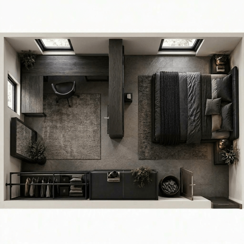 Design d'interni in stile Blacktec — Camera da letto di GenRoom AI