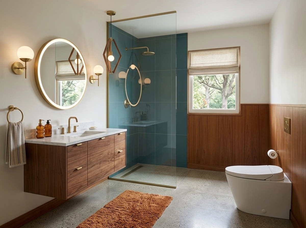 Bathroom interior in Mid-Century Modern style — photo by GenRoom AI