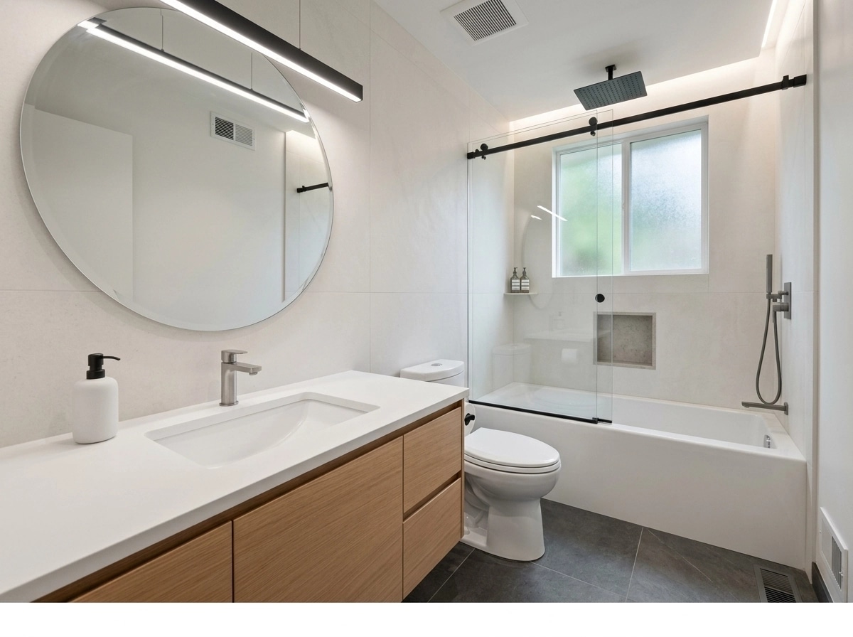 Bathroom interior in Minimalism style — photo by GenRoom AI