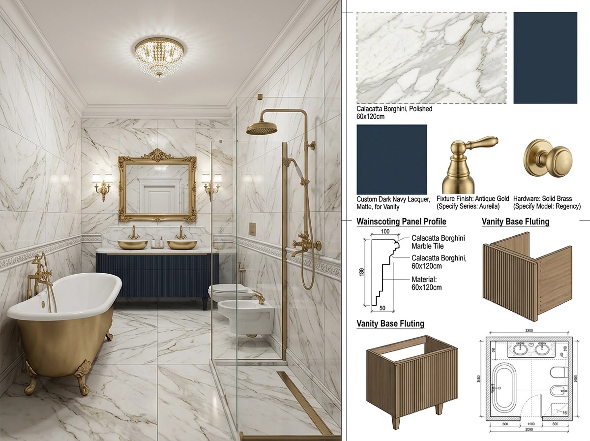 Bathroom interior in Neoclassic style — photo by GenRoom AI