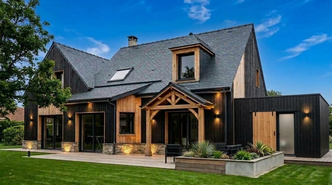 Facade design in Barnhouse Facade style — photo by GenRoom AI