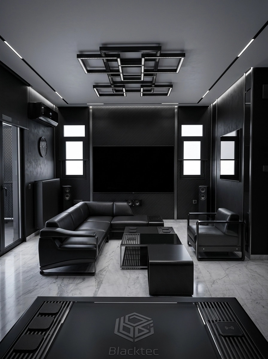 Design d'interni in stile Blacktec — Soggiorno di GenRoom AI