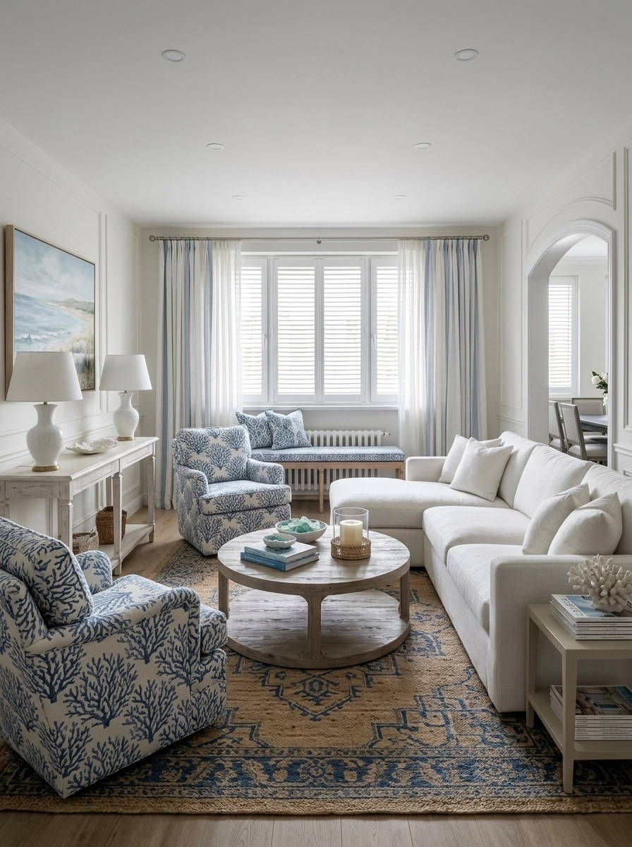 Coastal / Hamptons غرفة المعيشة design — interior photo by GenRoom AI