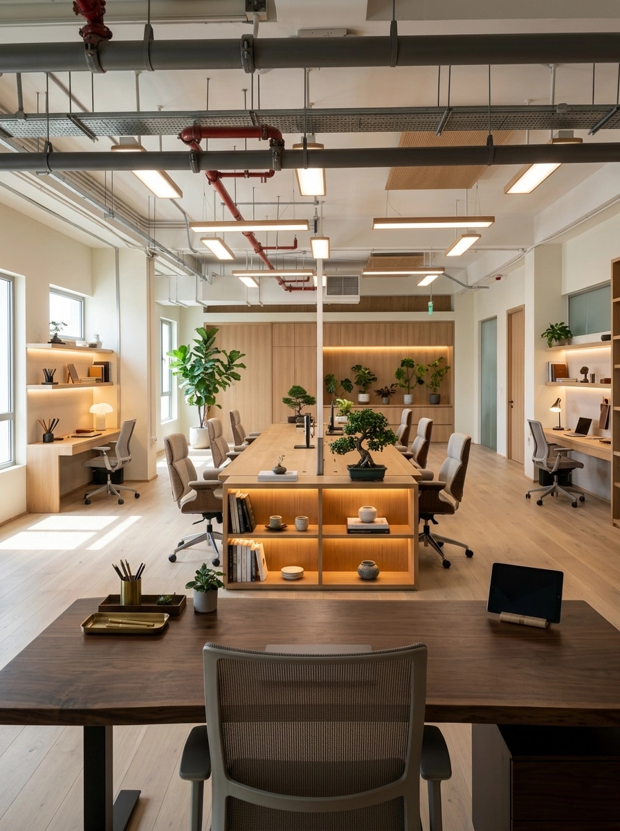 Office interior in Japandi style — photo by GenRoom AI