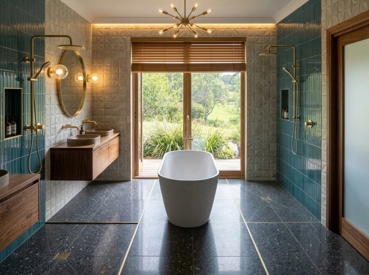 Bathroom interior in Mid-Century Modern style — photo by GenRoom AI