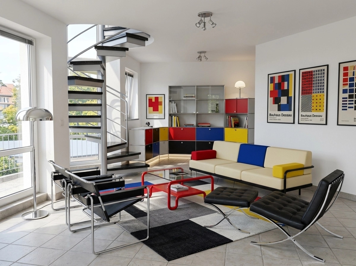 التصميم الداخلي بنمط Bauhaus — غرفة المعيشة من GenRoom AI