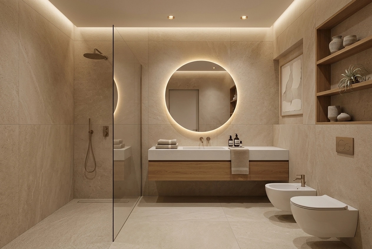 Bathroom interior in Japandi style — photo by GenRoom AI