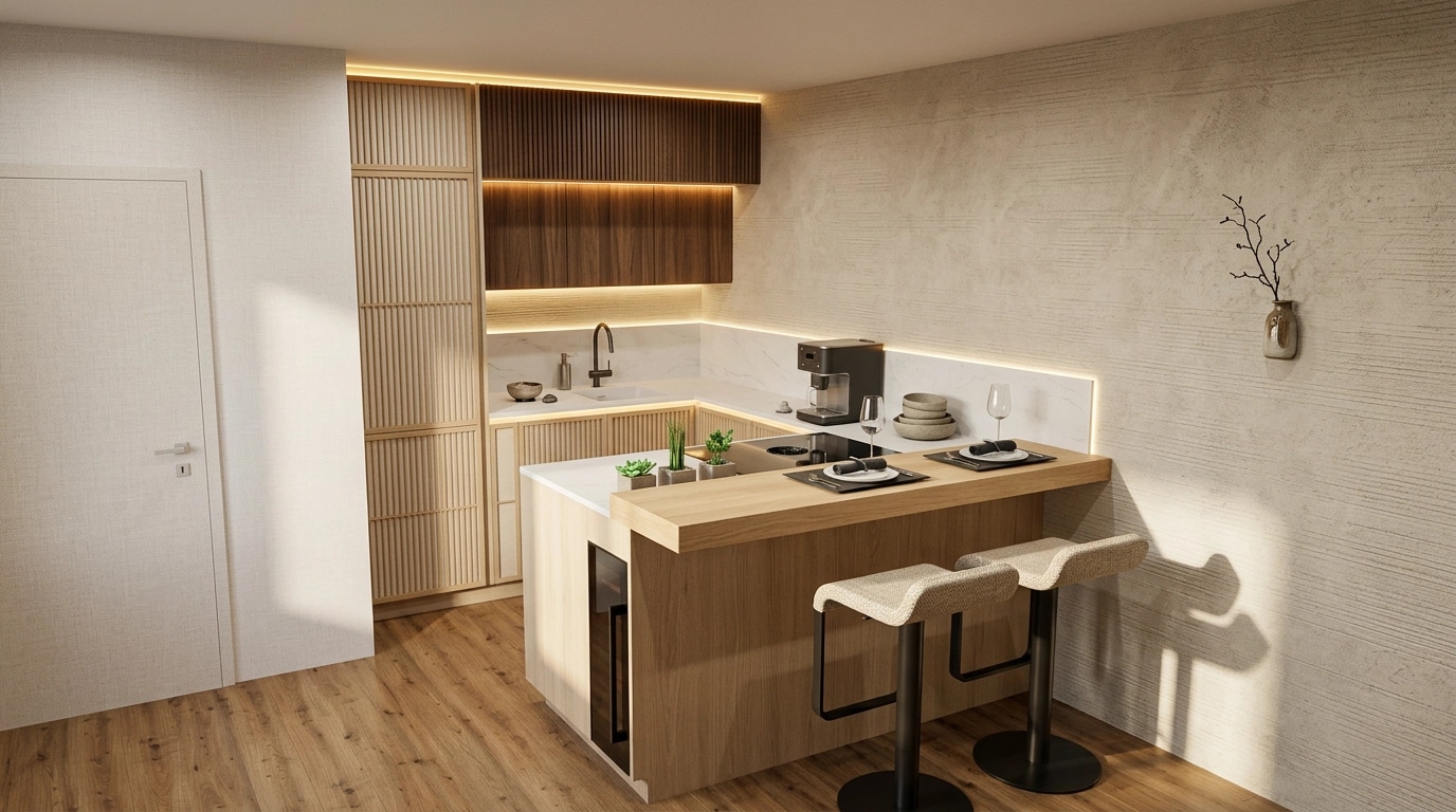 Kitchen interior in Japandi style — photo by GenRoom AI