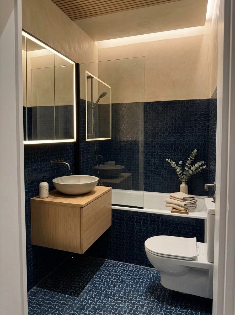 Bathroom interior in Japandi style — photo by GenRoom AI