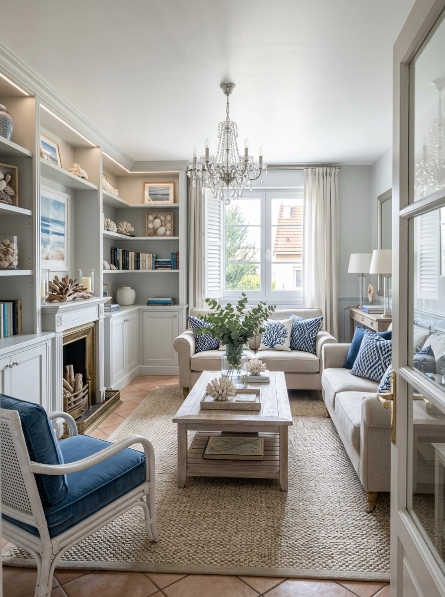 Coastal / Hamptons غرفة المعيشة design — interior photo by GenRoom AI