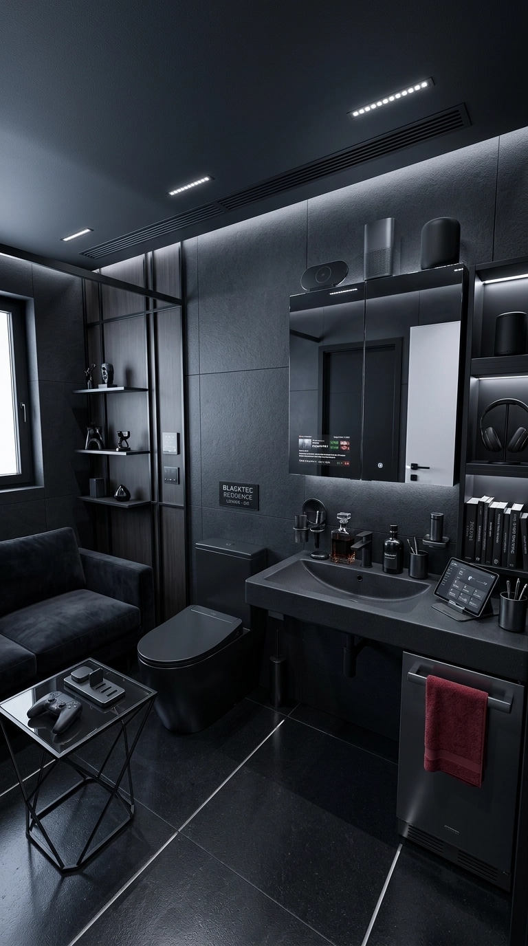 التصميم الداخلي بنمط Blacktec — غرفة المعيشة من GenRoom AI