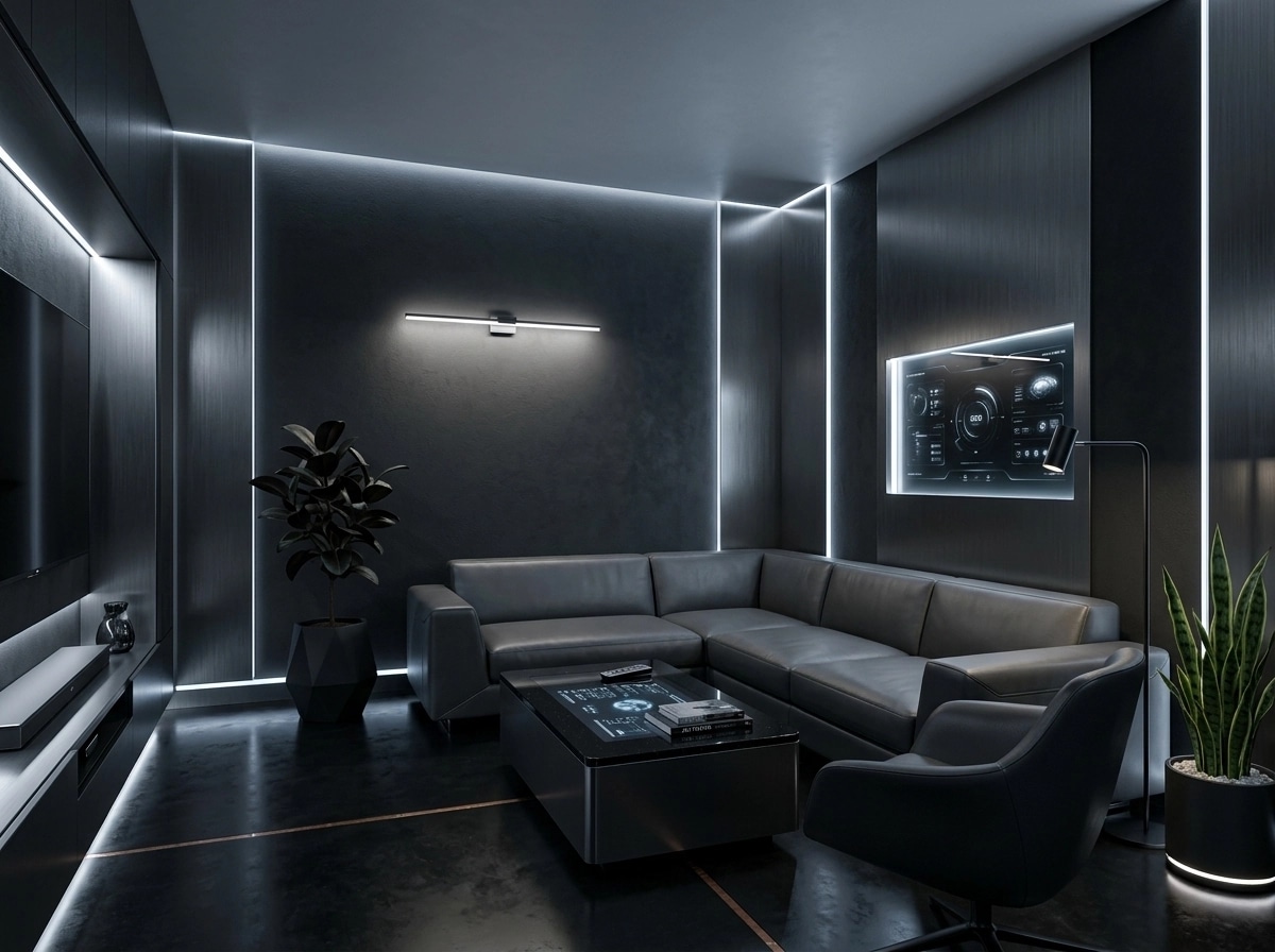 Design d'interni in stile Blacktec — Soggiorno di GenRoom AI