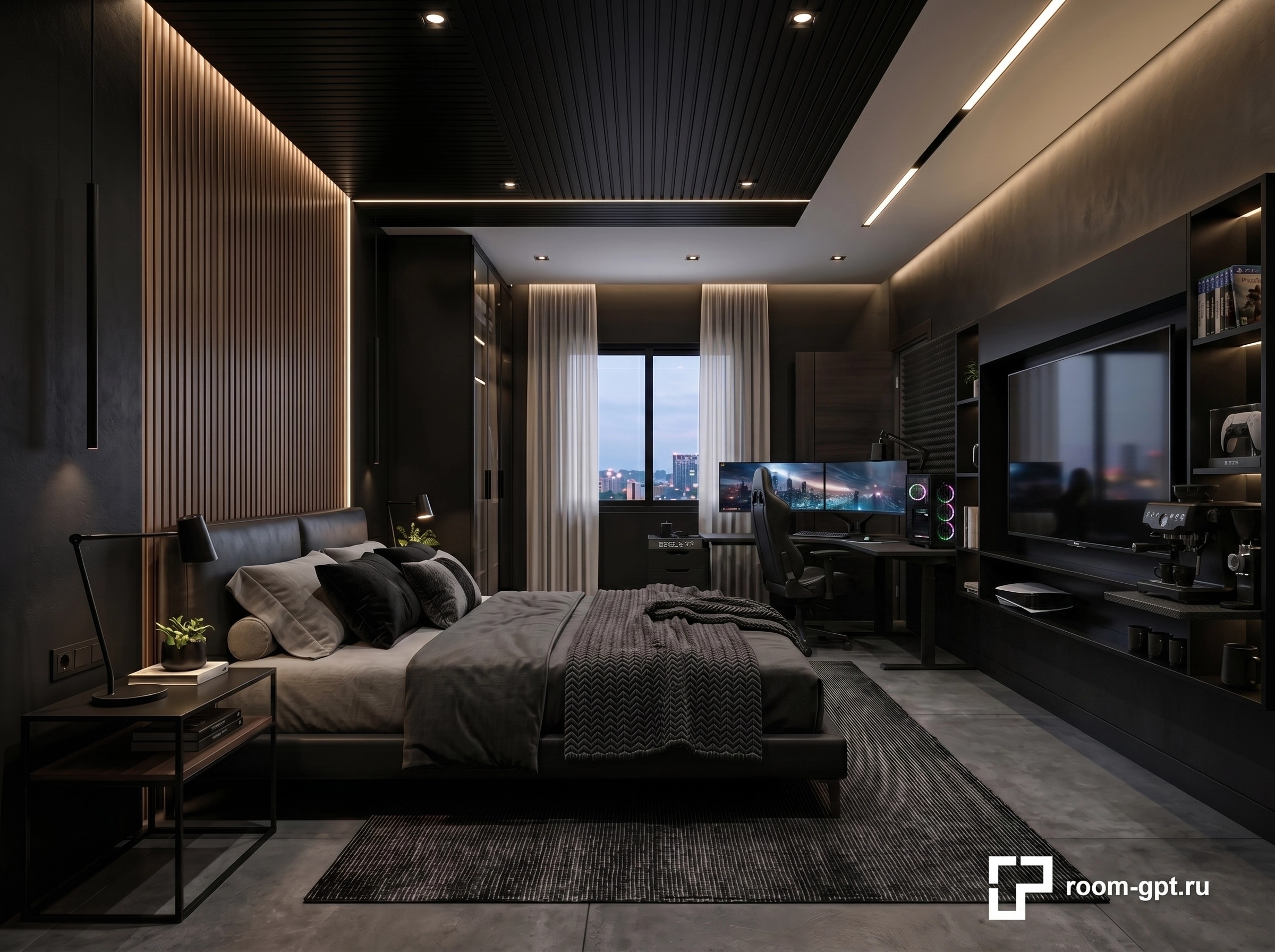 التصميم الداخلي بنمط Blacktec — غرفة النوم من GenRoom AI