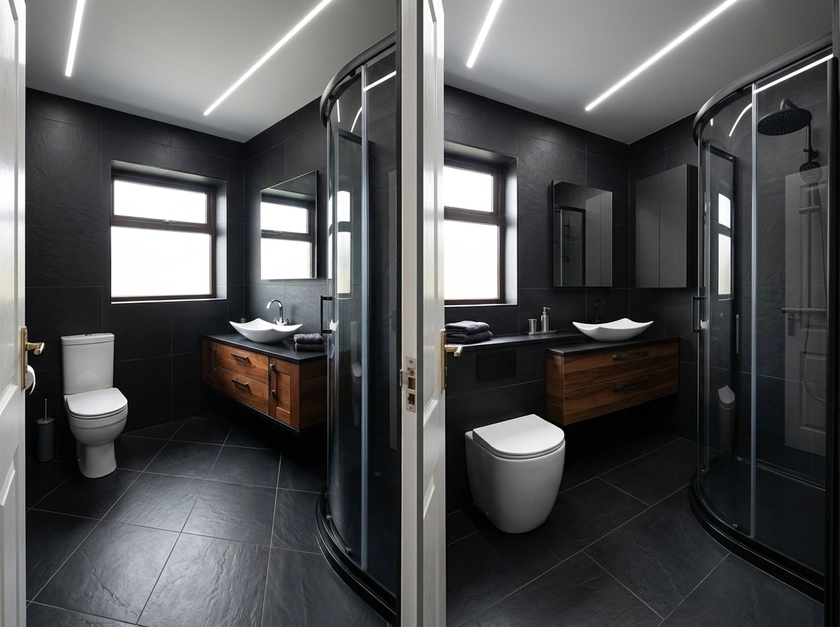 Bathroom interior in Blacktec style — photo by GenRoom AI