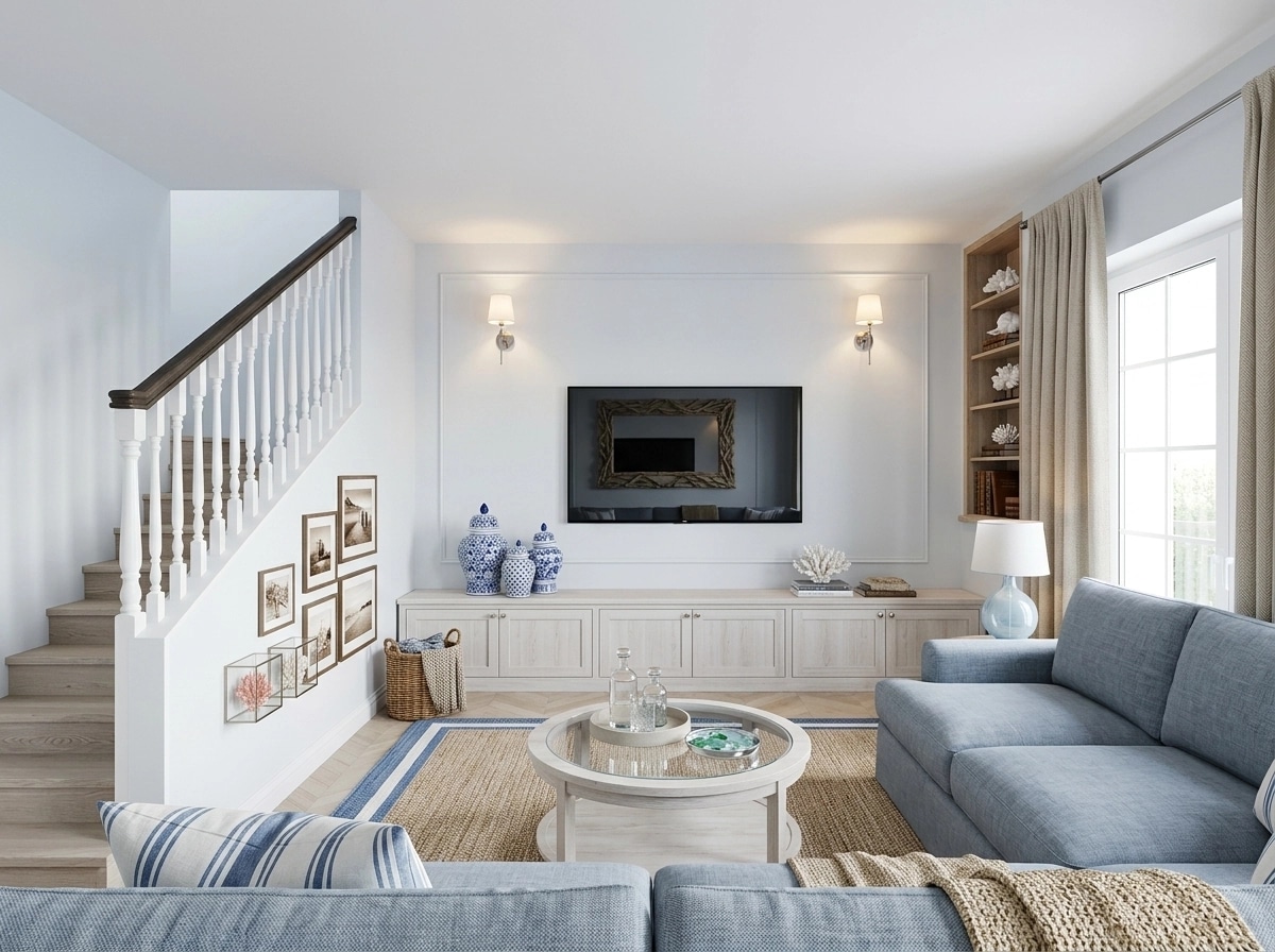 Интерьер дизайны Coastal / Hamptons стилінде — GenRoom AI жасаған Қонақ бөлме