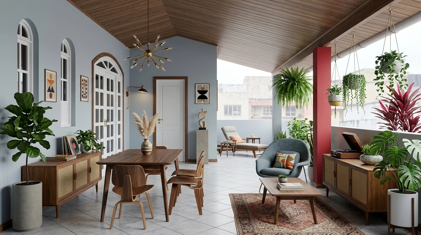 Design de interiores em estilo Mid-Century Modern — balcony por GenRoom AI