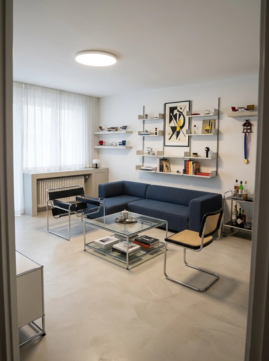 التصميم الداخلي بنمط Bauhaus — غرفة المعيشة من GenRoom AI