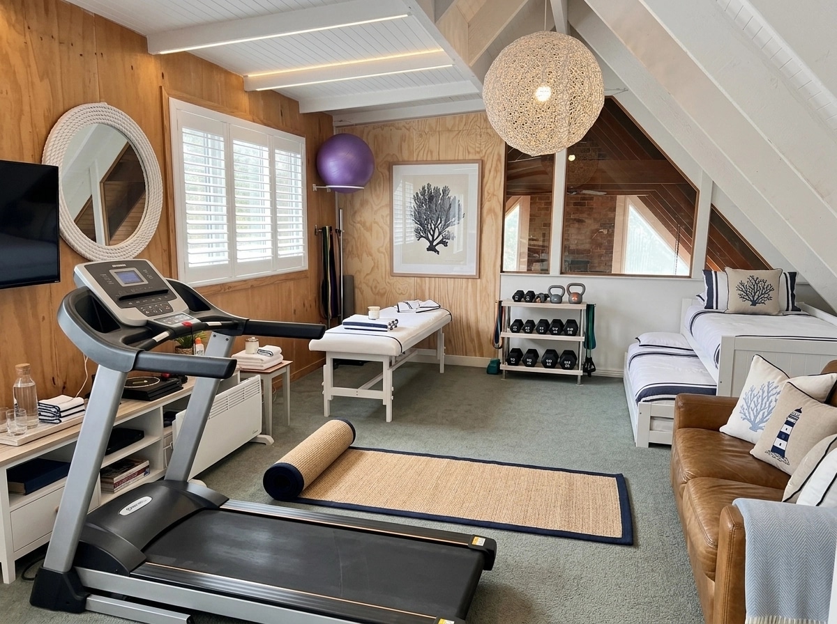 Interior design in Coastal / Hamptons style — gym by GenRoom AI