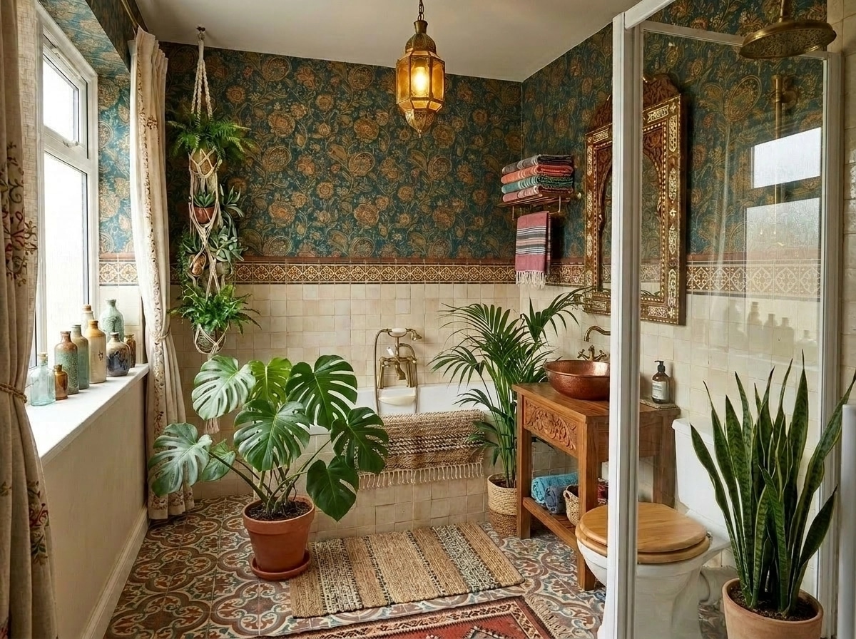 Bathroom interior in Bohemian style — photo by GenRoom AI