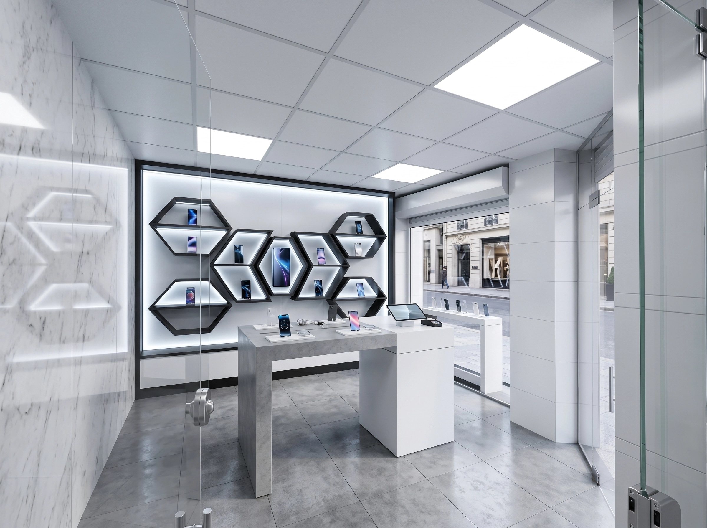 Office interior in Blacktec style — photo by GenRoom AI