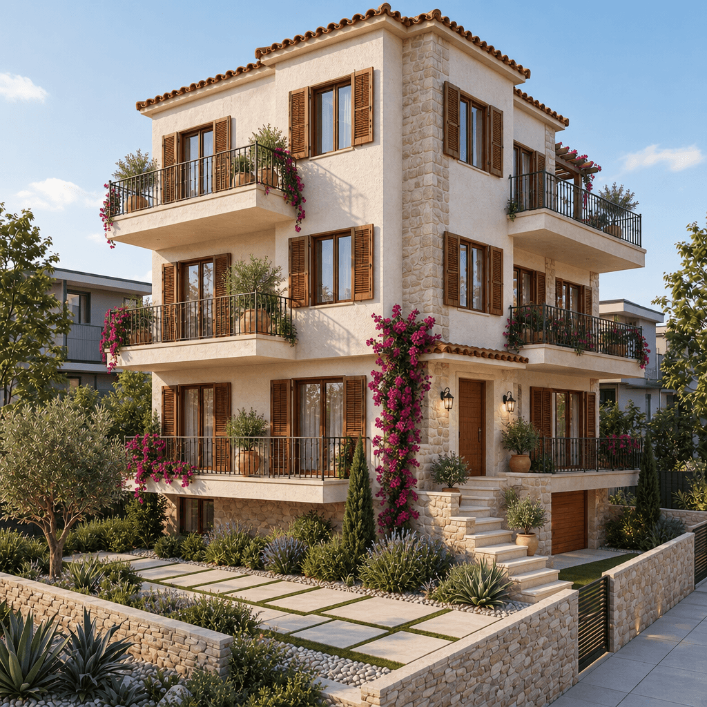 Facade design in Mediterranean Facade style — photo by GenRoom AI