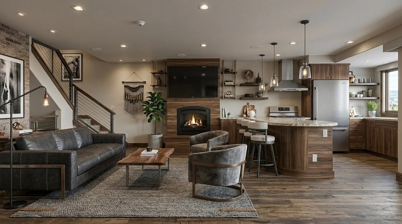 Interior desain di Loft / Industrial gaya — Ruang Tamu oleh GenRoom AI