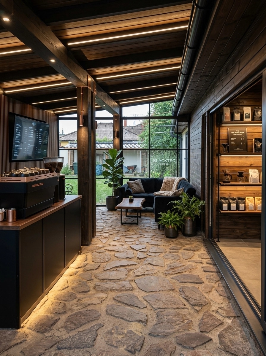 Design d'interni in stile Blacktec — coffee_shop di GenRoom AI