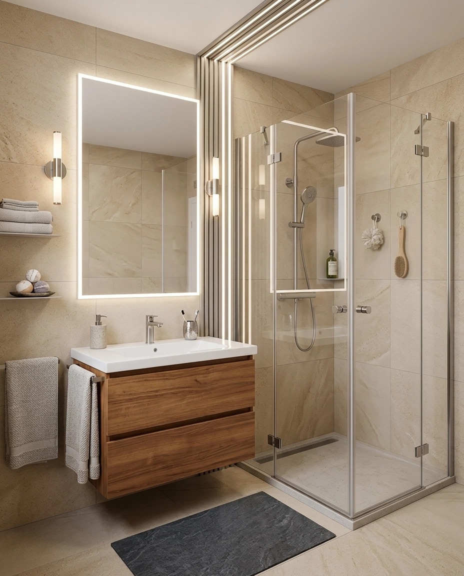 Bathroom interior in Minimalism style — photo by GenRoom AI