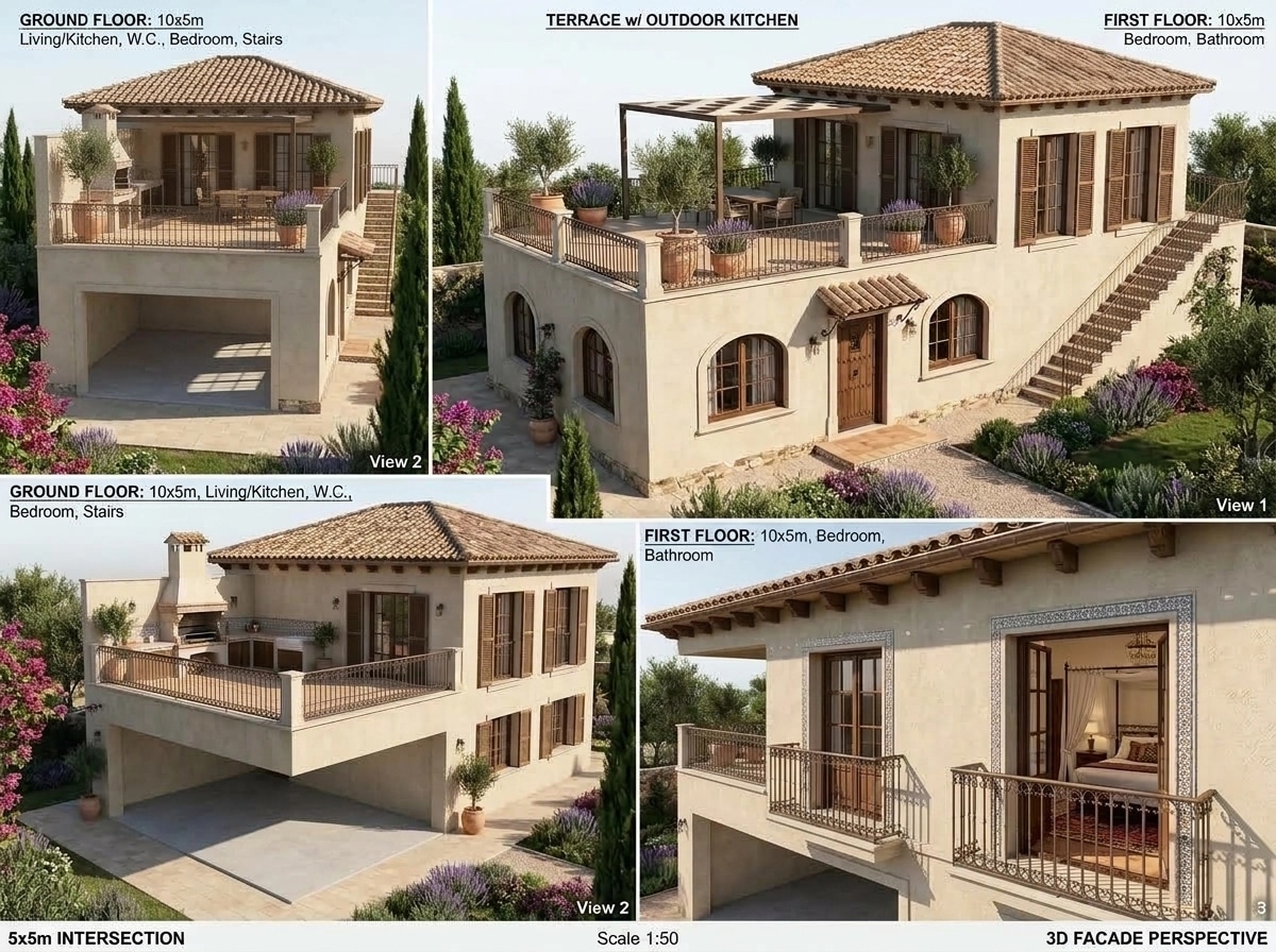 Mediterranean Facade หน้าอาคาร design — facade photo by GenRoom AI