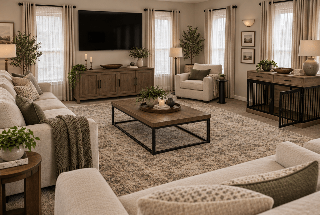 Interior desain di Transitional gaya — Ruang Tamu oleh GenRoom AI