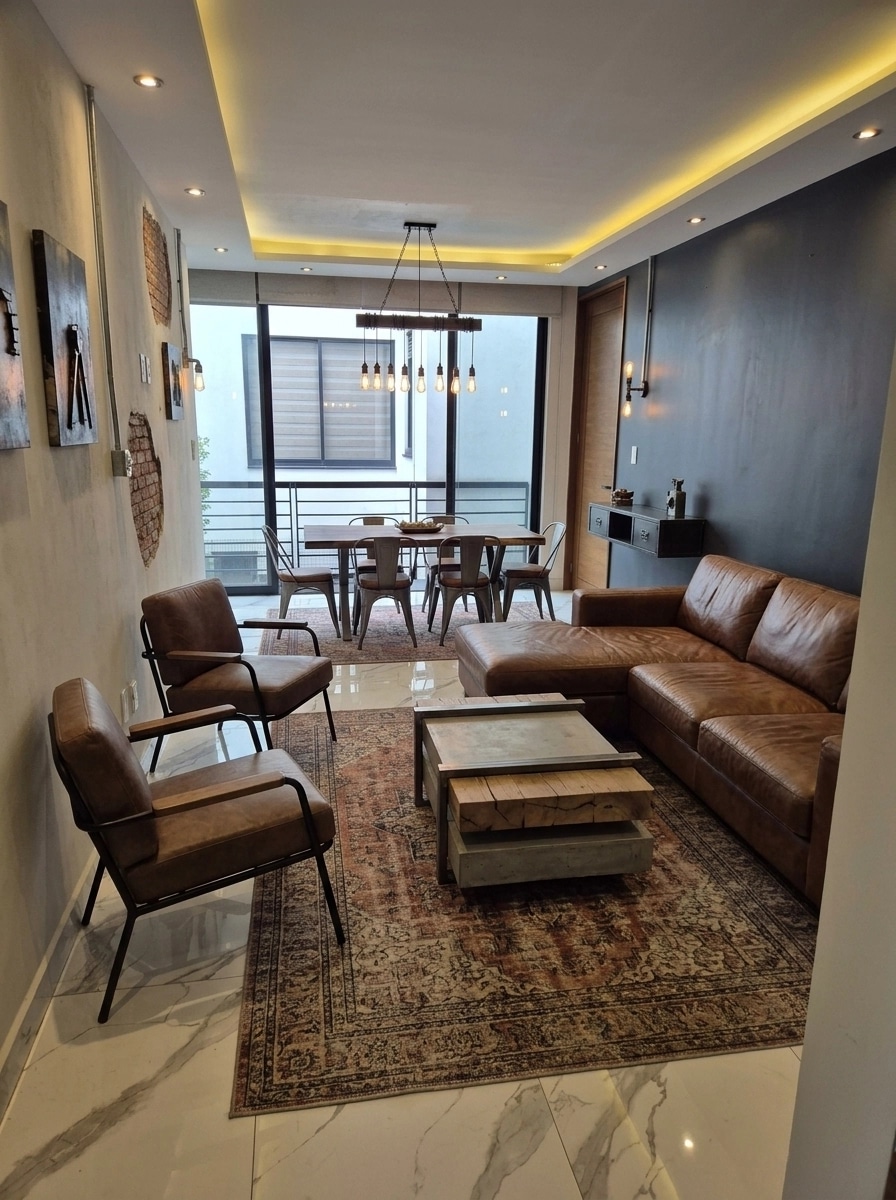 Interior desain di Loft / Industrial gaya — Ruang Tamu oleh GenRoom AI