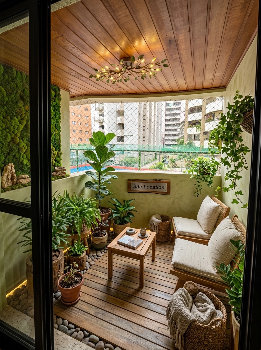 İç mekân tasarımı Biophilic stili — balcony GenRoom AI