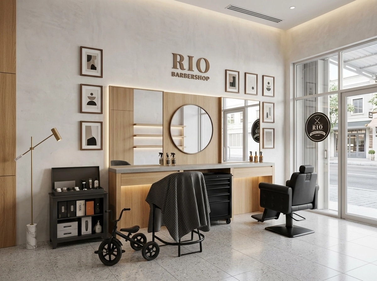 Interior design in Minimalism style — barbershop by GenRoom AI