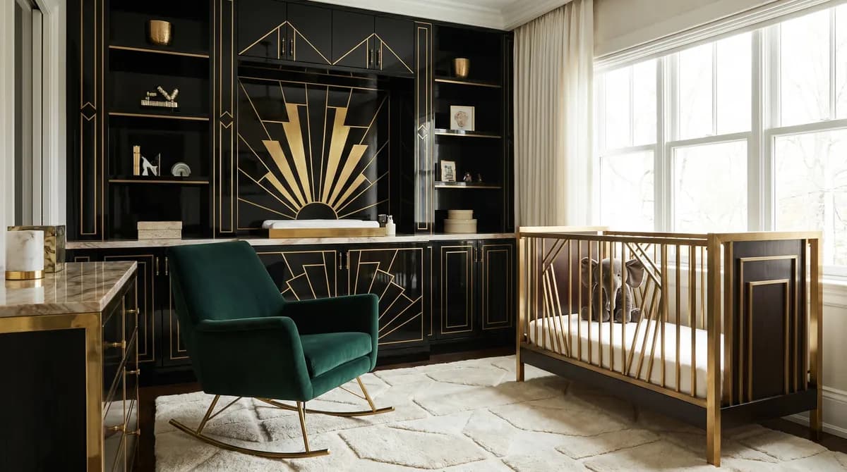Boks bayi berlapis lakquer hitam dengan kaki bersepuh kuningan di depan wallpaper berpola sunburst.