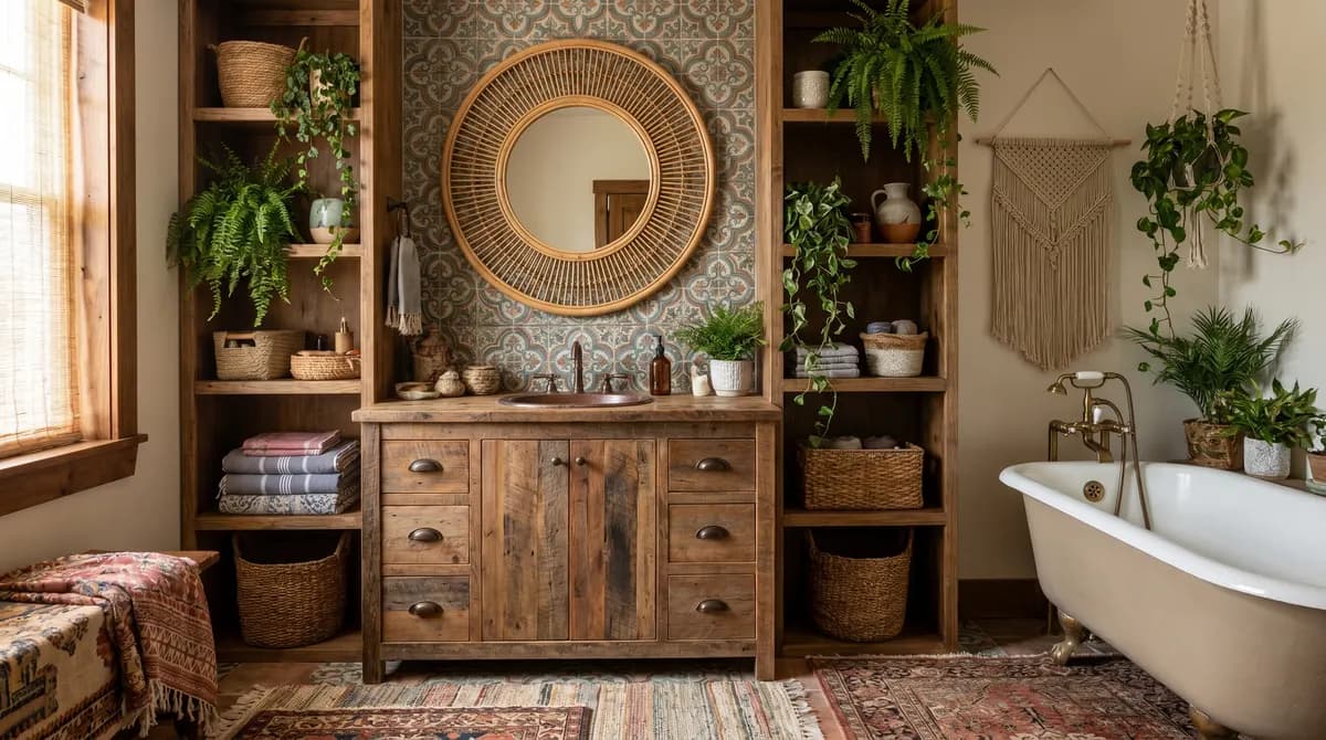 Specchio rotondo in rattan sopra un mobile lavabo sospeso in teak