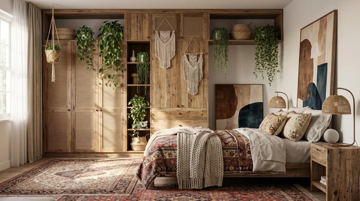 Letto basso in legno di recupero con lino stratificato e cuscini in mudcloth.