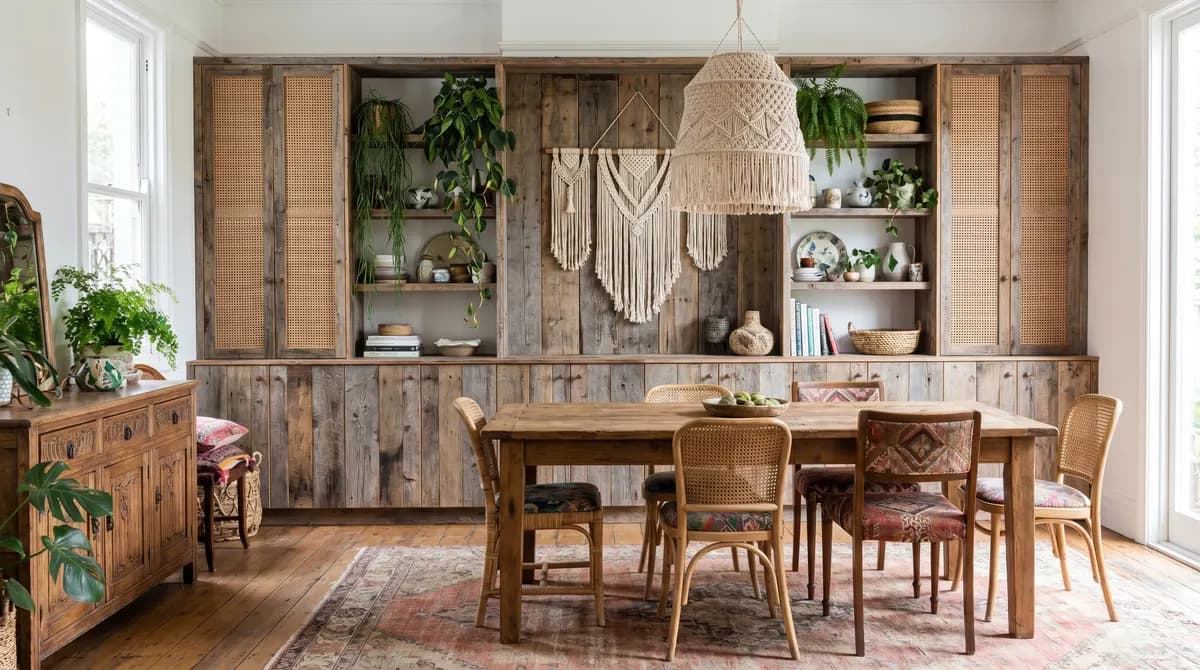 Une table en bois d'acacia à bord vivant entourée de chaises vintage dépareillées.
