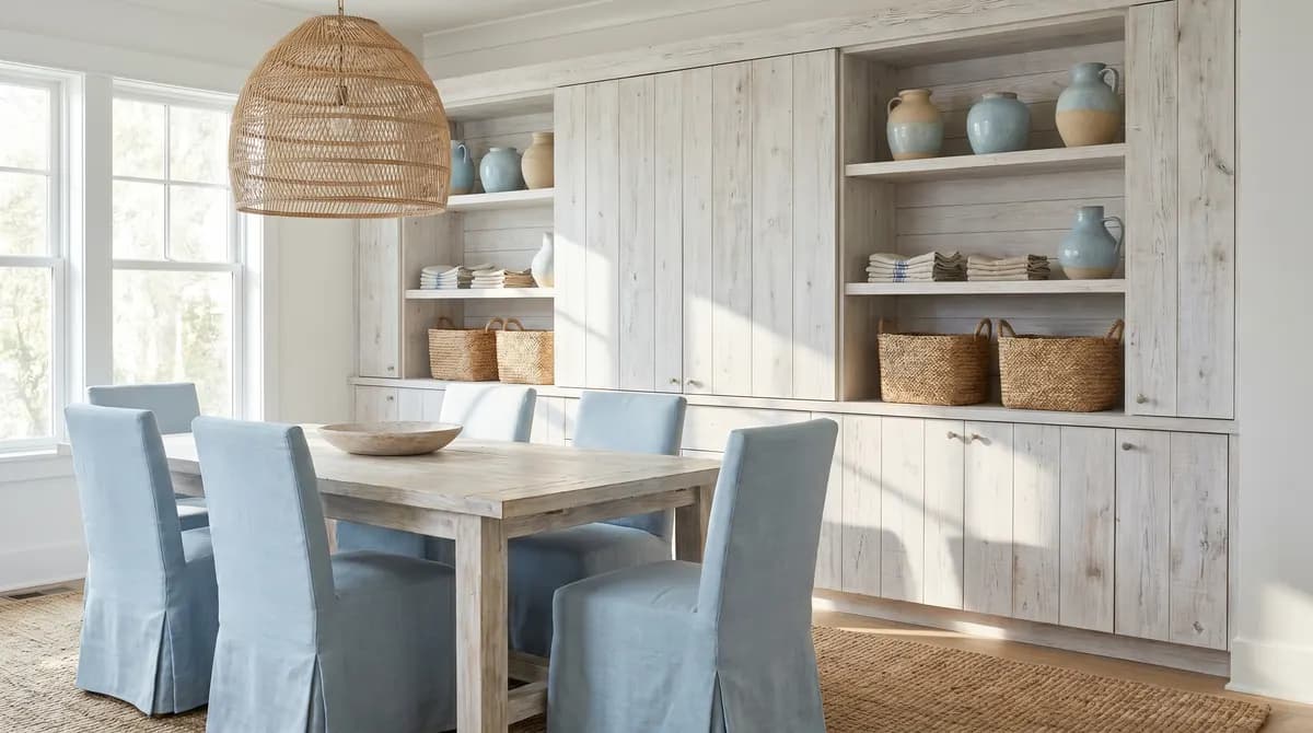 Un tavolo da pranzo in rovere sbiancato circondato da sedie in rattan intrecciato.