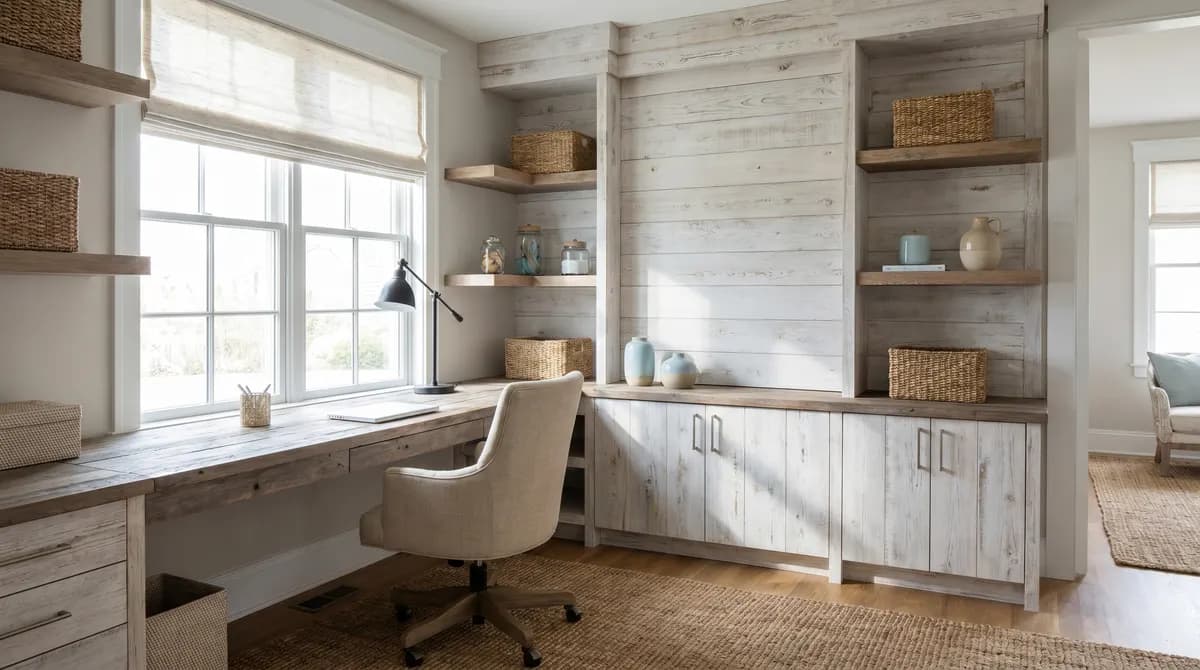 A whitewashed oak desk facing a large window with sheer linen curtains.