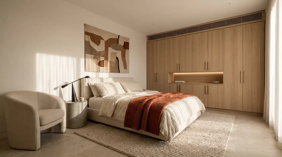 Limewash plaster wall in warm oat behind a curved boucle headboard