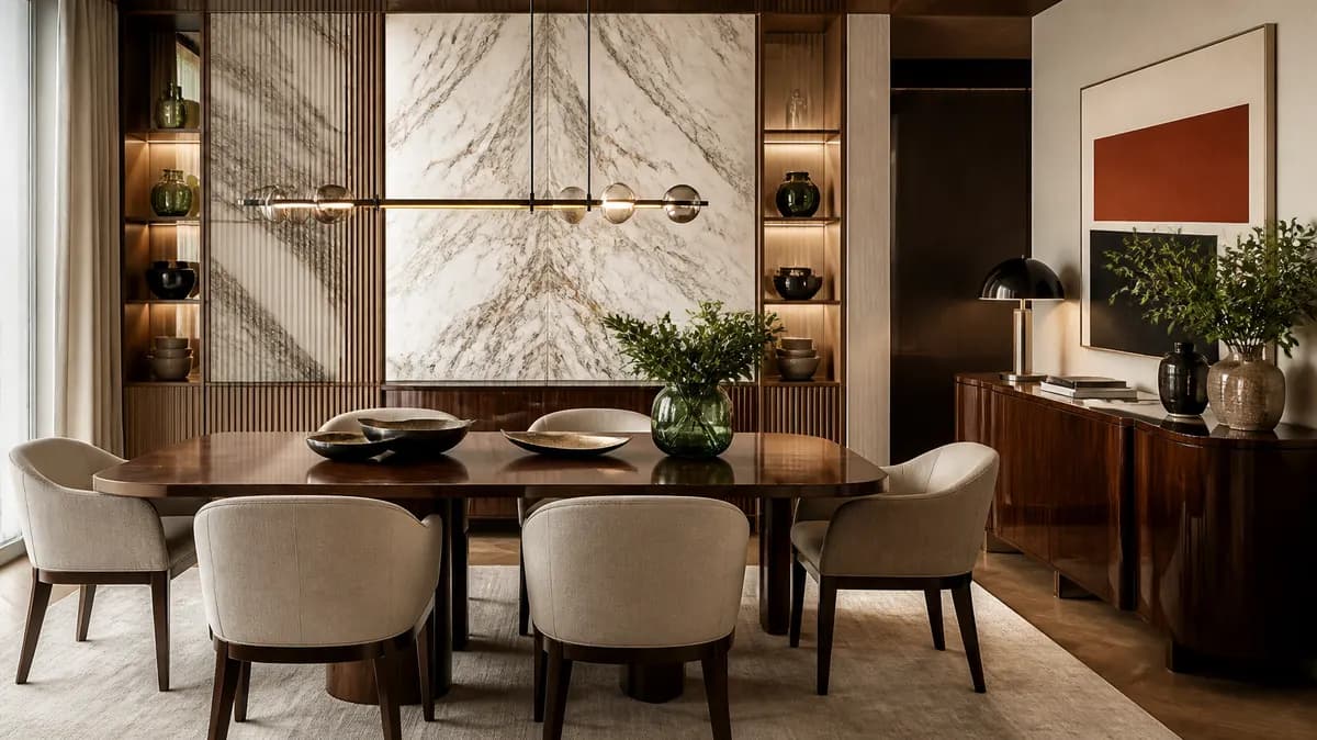 A solid walnut pedestal table paired with upholstered bouclé chairs.