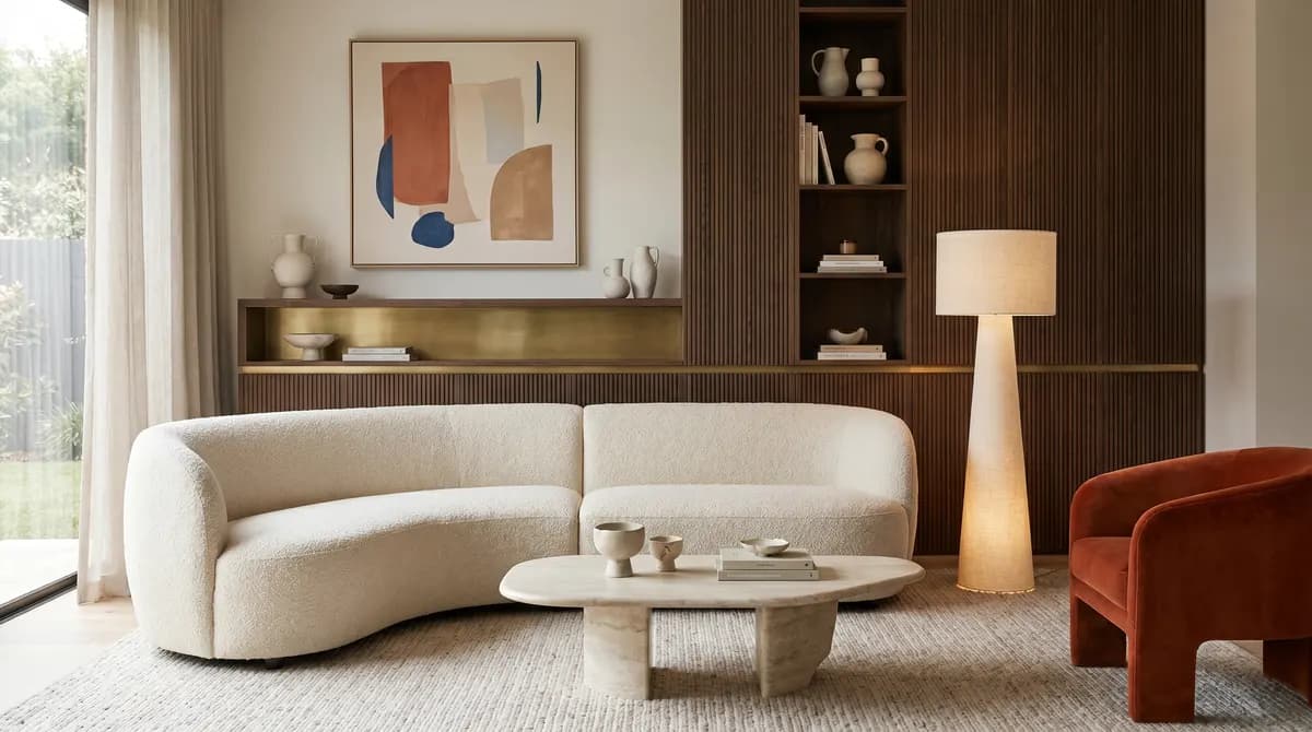 Limewash plaster wall in warm oat behind a curved boucle sofa