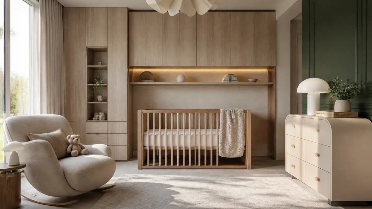 Limewash plaster wall in warm oat behind a curved pale-oak crib