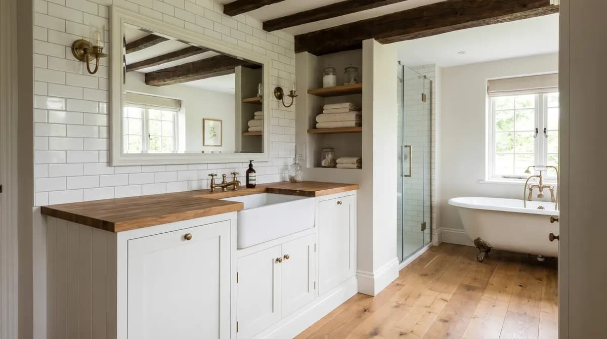 Dettaglio in shiplap orizzontale dietro una vasca freestanding con piedi a zampa