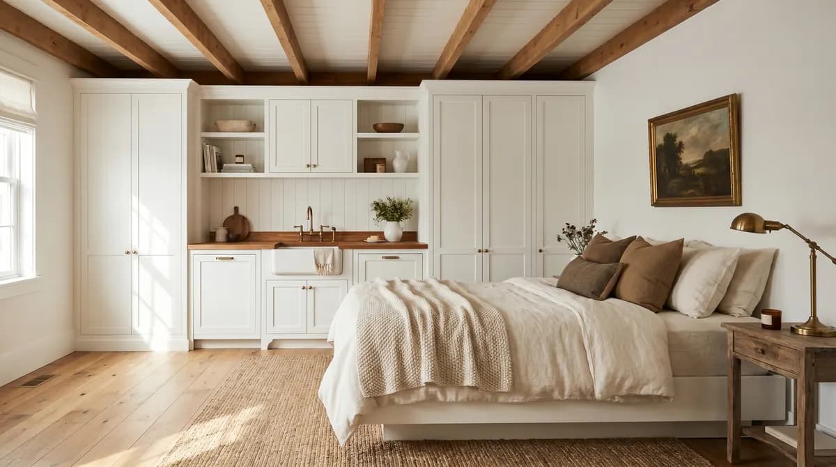 Parete d'accento in legno di recupero dietro un letto a baldacchino in ferro battuto.